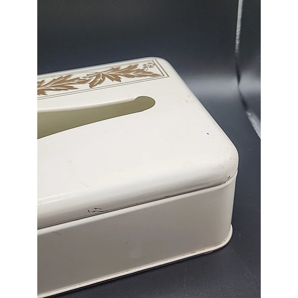 Vintage‎ Ransburg Metal Tissue Box Holder White W/ Gold Leaf Design Mountable